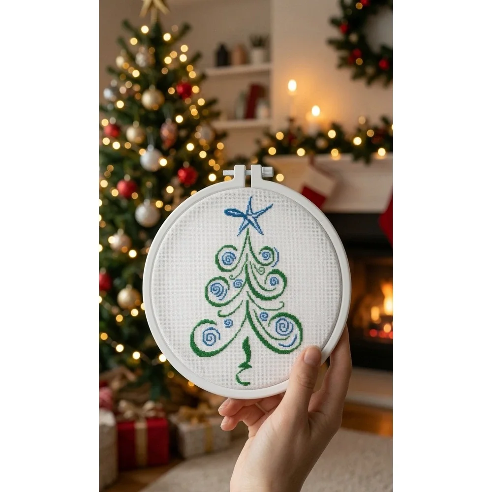 Whimsical Christmas Tree Modern Cross Stitch Pattern Green Blue Star